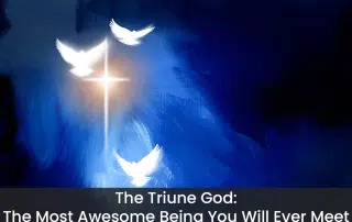 Three white doves flying around a cross shaped star in a blue sky; symbolic of the Triune God