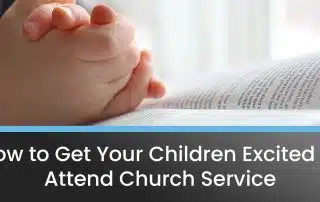 A child clasping their hands over the Bible during church service.